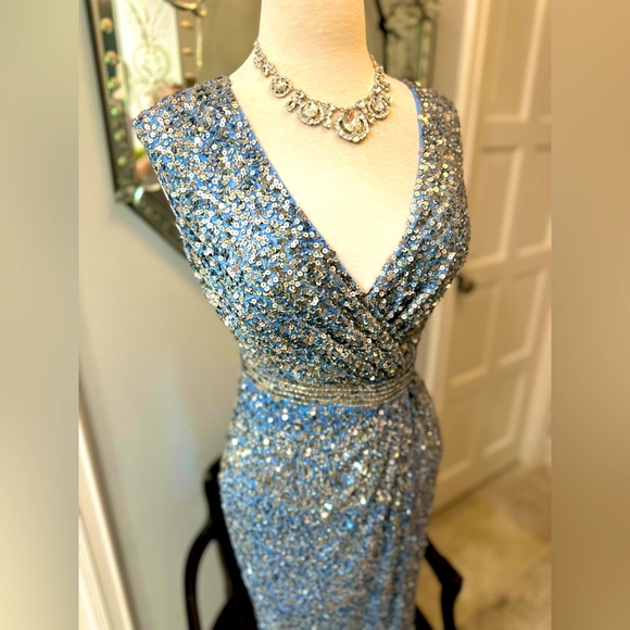 NWT Mac Duggal Gorgeous Blue Goddess Sexy Seqin To The Floor High Slit Gown - Picture 4 of 16